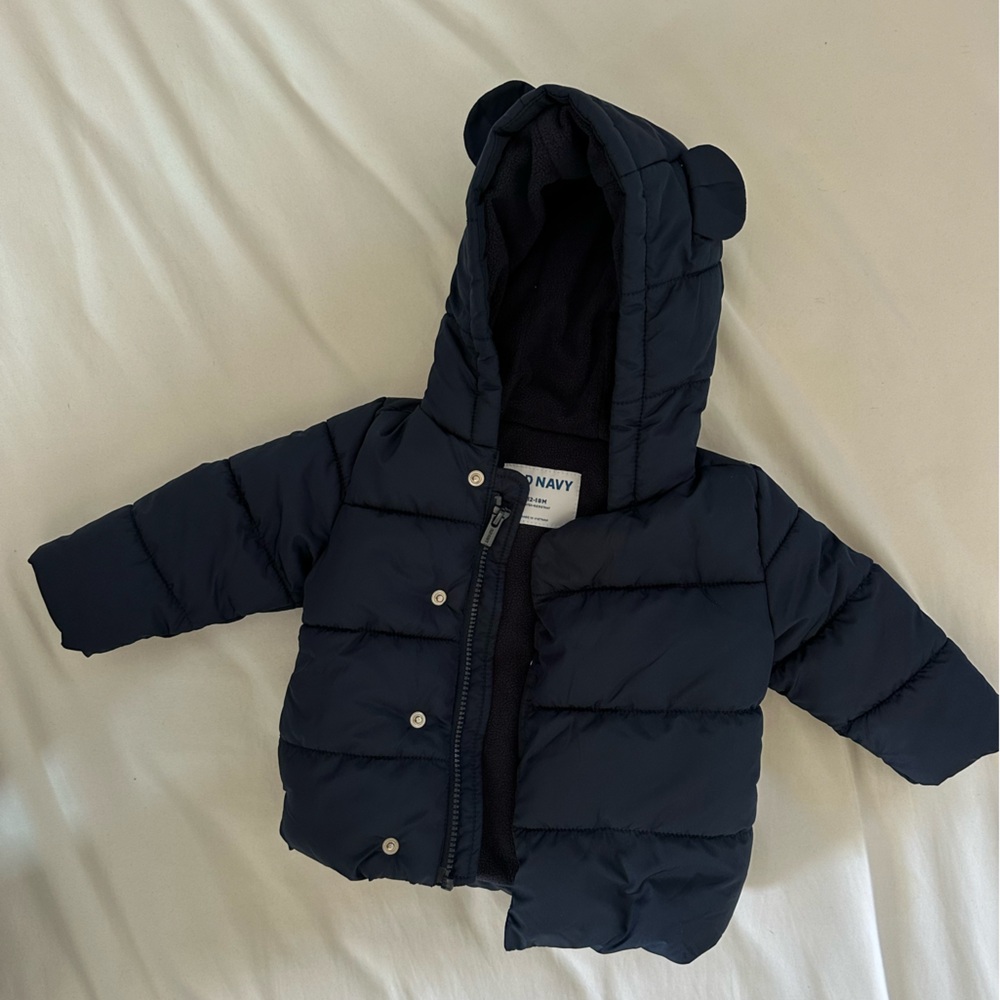 Old Navy Baby Puffer Jacket with Bear Ears (12-18M, Navy)